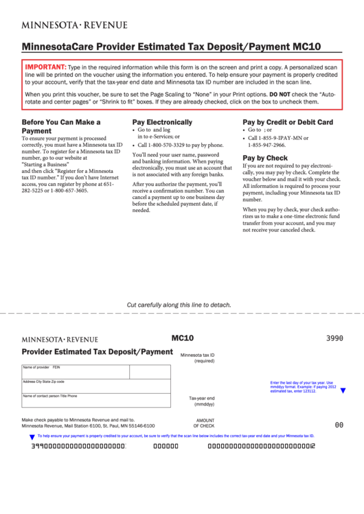 Fillable Form Mc10 - Minnesotacare Provider Estimated Tax Deposit/payment Printable pdf