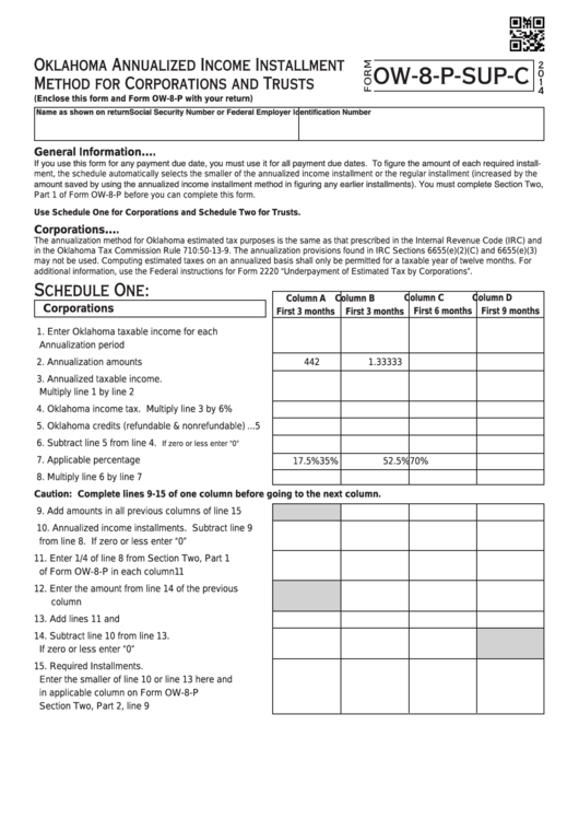 Fillable Form Ow-8-P-Sup-C - Oklahoma Annualized Income Installment Method For Corporations And Trusts - 2014 Printable pdf