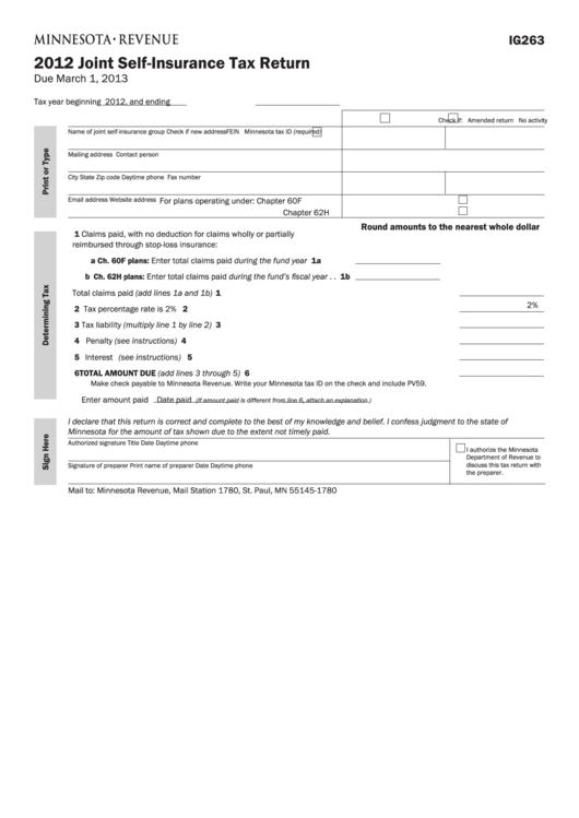 Fillable Form Ig263 - Joint Self-Insurance Tax Return - 2012 Printable pdf