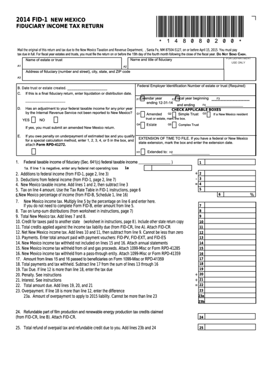 Form Fid-1 - New Mexico Fiduciary Income Tax Return - 2014 Printable pdf
