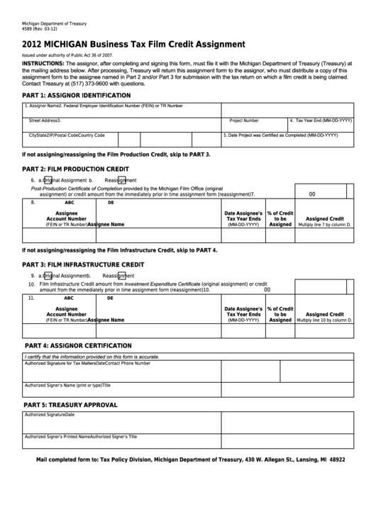 Form 4589 - Michigan Business Tax Film Credit Assignment - 2012 Printable pdf
