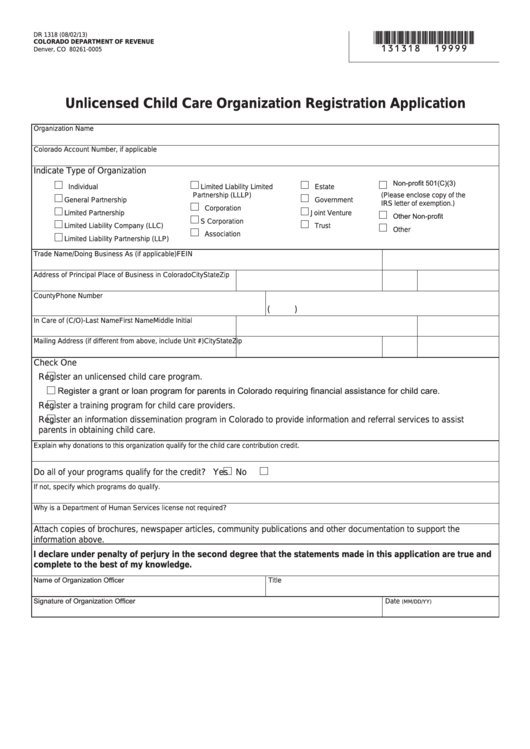 Fillable Form Dr 1318 - Unlicensed Child Care Organization Registration Application Printable pdf