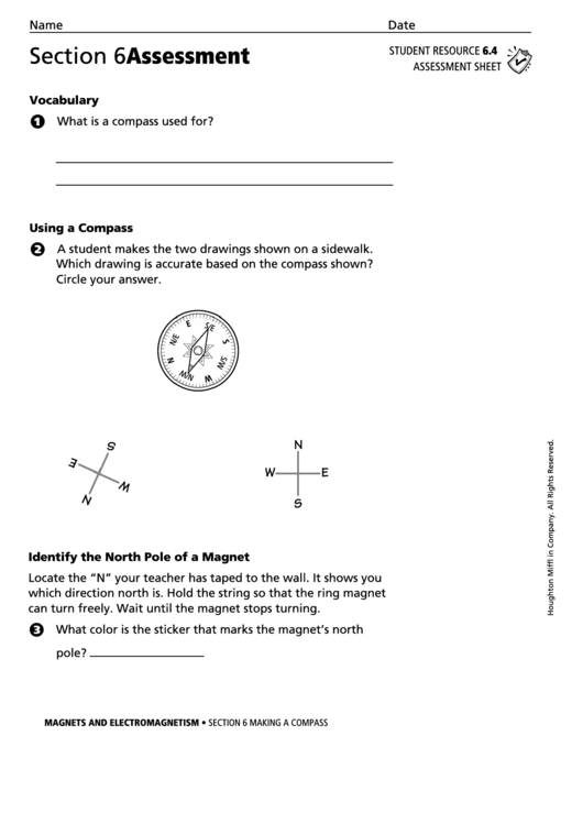 Section 6 Assessment Making A Compass Physics Worksheet Printable pdf