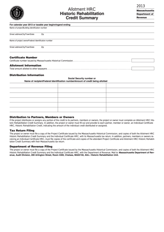 Form Hrc - Historic Rehabilitation Credit Summary - 2013 Printable pdf