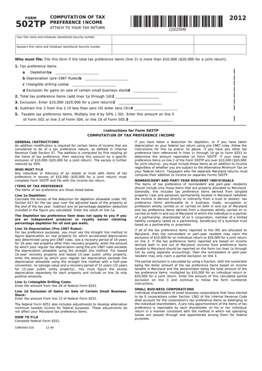 Fillable Form 502tp - Computation Of Tax Preference Income - 2012 Printable pdf