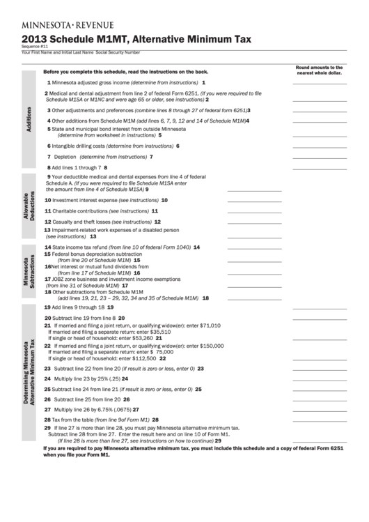 Fillable Schedule M1mt - Alternative Minimum Tax - 2013 Printable pdf