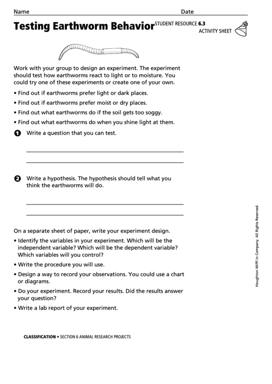 Testing Earthworm Behavior Activity Sheet Printable pdf