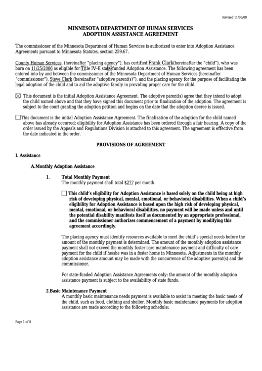 Adoption Assistance Agreement - Minnesota Department Of Human Services Printable pdf