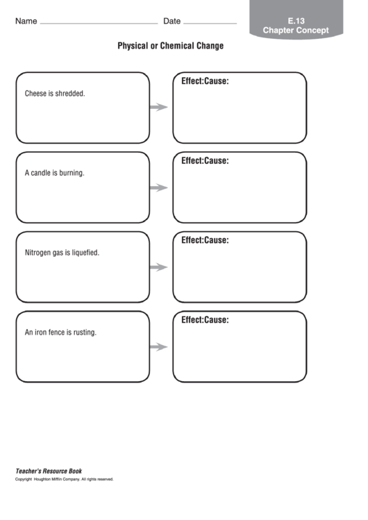 Science Worksheet - Physical Or Chemical Change Printable pdf