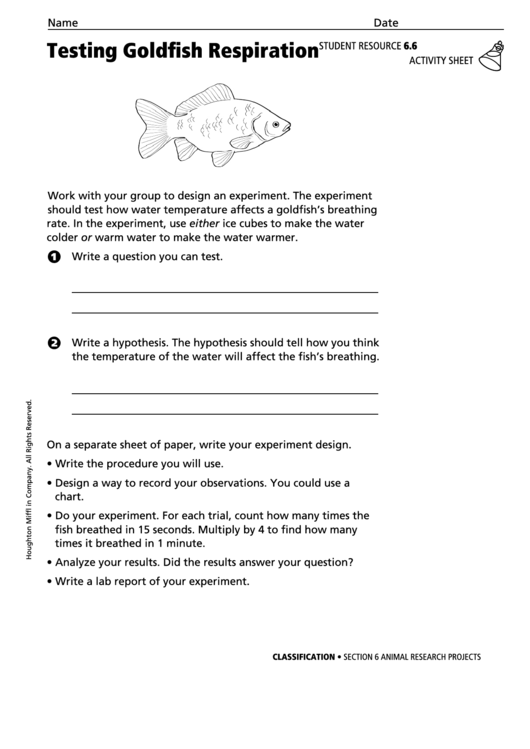 Activity Sheet - Testing Goldfish Respiration Printable pdf