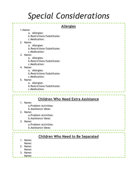 Special Considerations Sheet For Children Printable pdf