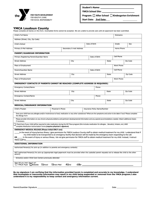 Ymca Loudoun County Form Printable pdf