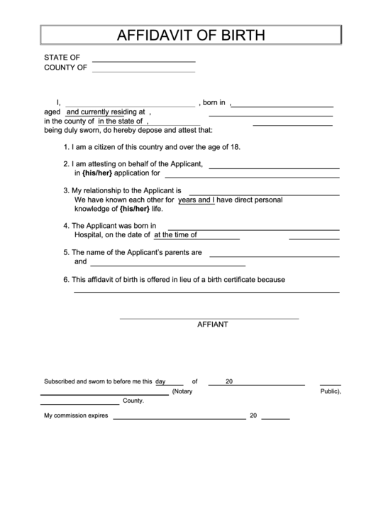 Affidavit Of Birth Printable pdf