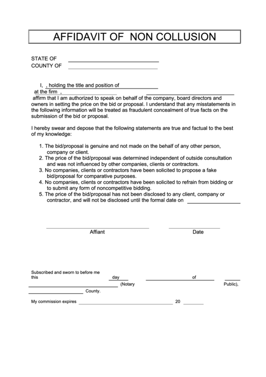 Affidavit Of Non Collusion Printable pdf