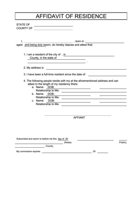 Affidavit Of Residence printable pdf download