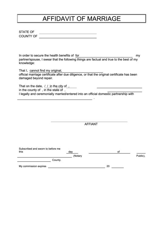 Affidavit Of Marriage Printable Pdf Download