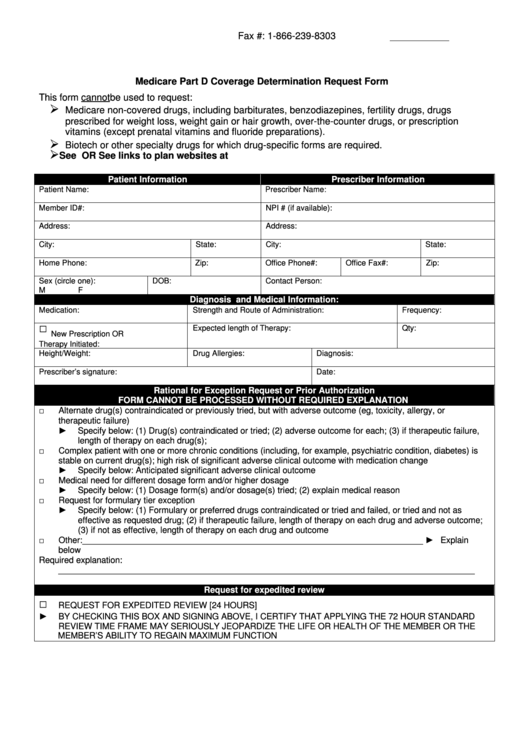 Medicare Part D Coverage Determination Request Form Printable pdf