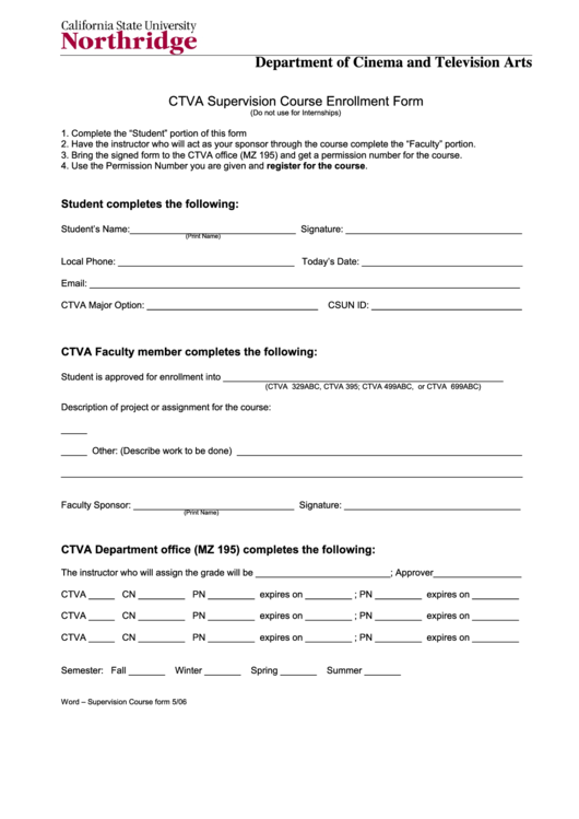 Ctva Supervision Course Enrollment Form Printable pdf