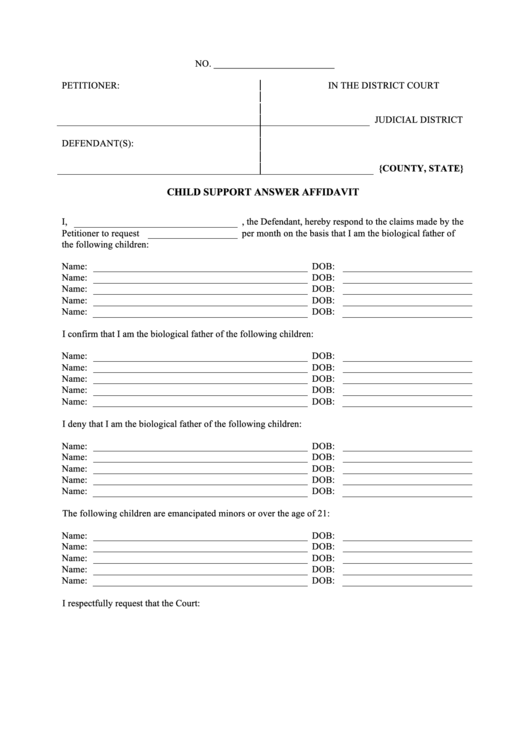Child Support Answer Affidavit Printable pdf