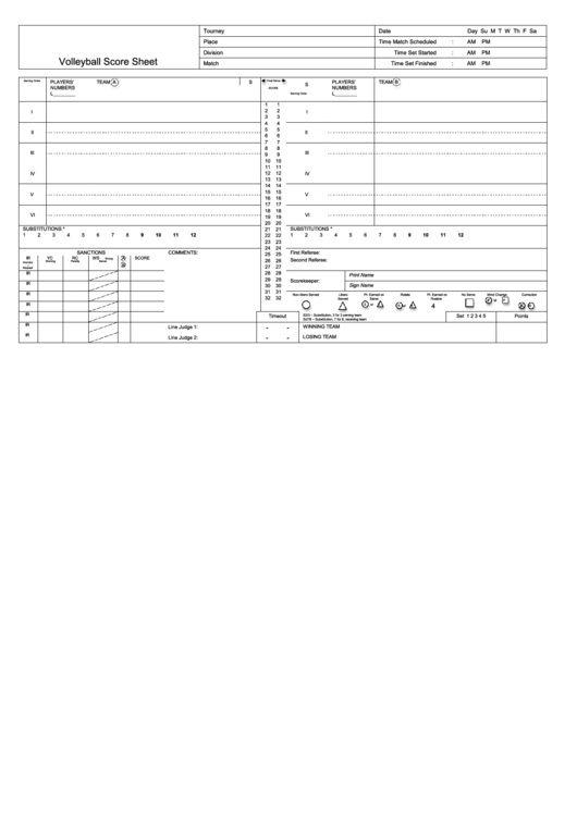 Volleyball Score Sheet Printable pdf