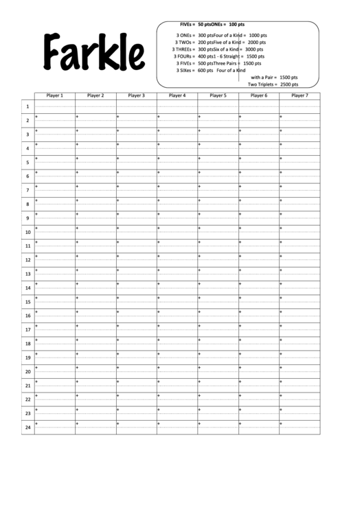 Farkle Score Sheet Printable pdf