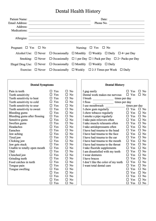 Dental Health History Sheet Printable pdf