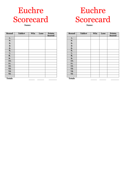 Euchre Score Card Template Double printable pdf download
