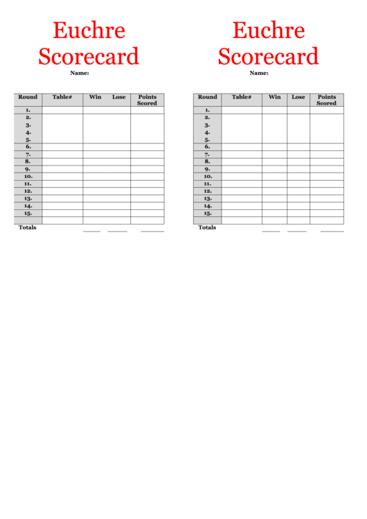 Euchre Score Card Template Double Printable pdf