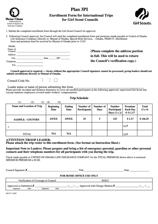 Form Plan 3pi - Enrollment Form For International Trips For Girl Scout Councils Printable pdf
