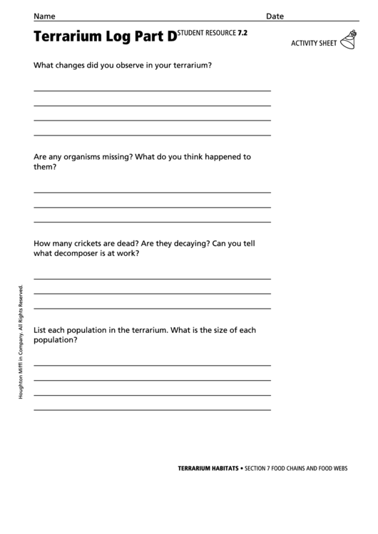 Terrarium Log Part D Biology Worksheet Printable pdf