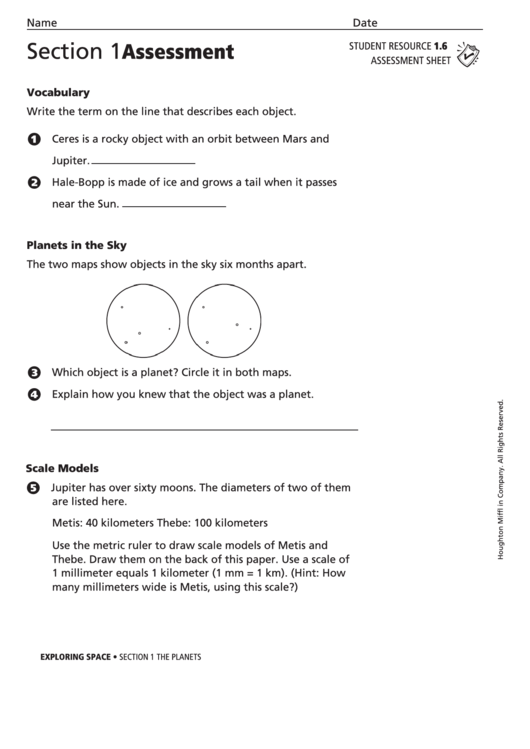 Assessment Sheet - The Planets Printable pdf