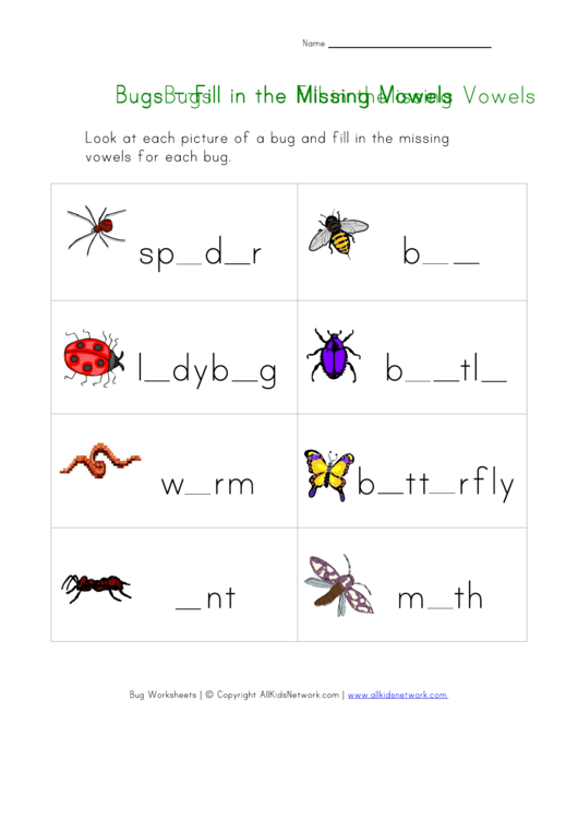 Missing Letters - Bug Worksheet Printable pdf