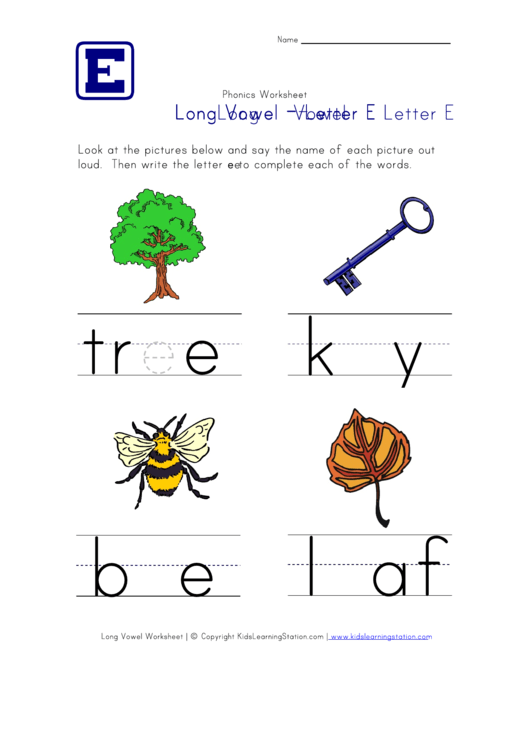 Long Vowel - Letter E - Phonics Worksheet Printable pdf