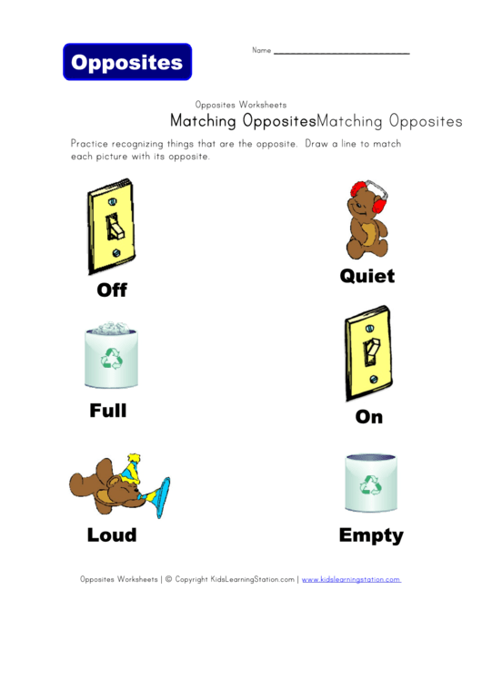 Matching Opposites Worksheet Printable pdf