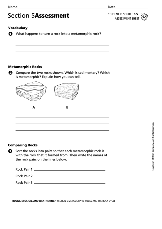 Section 5 Assessment Metamorphic Rocks And The Rock Cycle Geology Worksheet Printable pdf