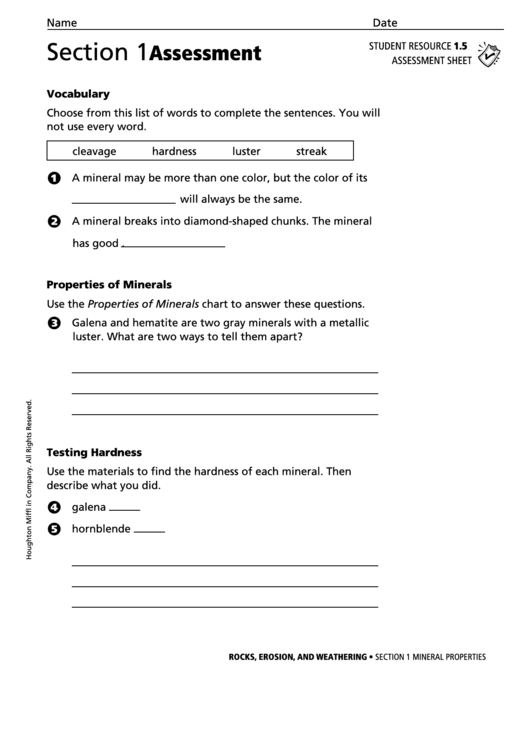 Section 1 Assessment Mineral Properties Geology Worksheet