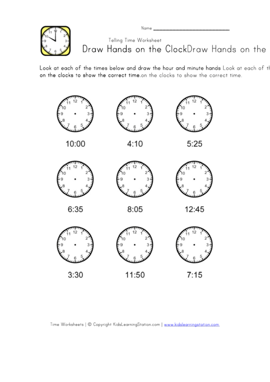 Draw Hands On The Clock Telling Time Worksheet Printable pdf