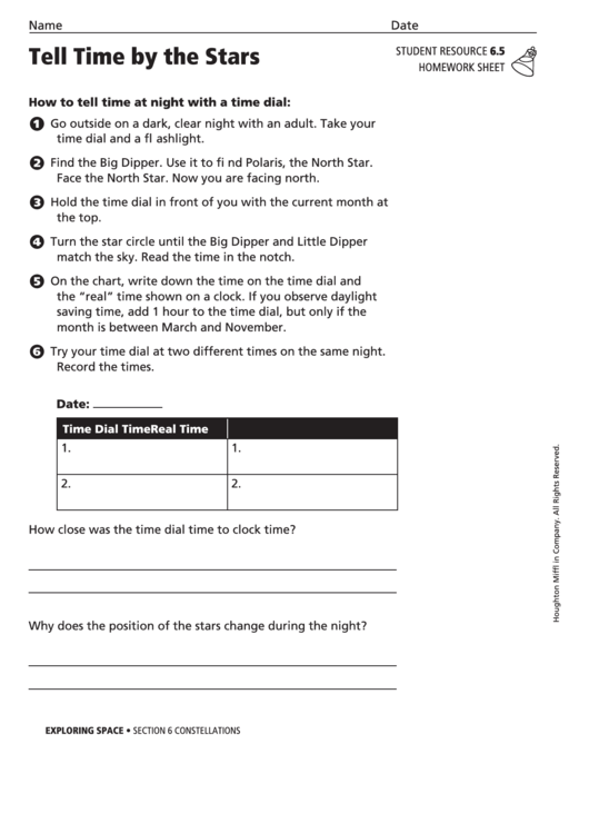 Homework Sheet - Tell Time By The Stars Printable pdf