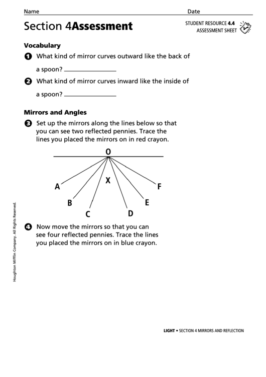 Section 4 Assessment Mirrors And Reflection Physics Worksheet Printable pdf