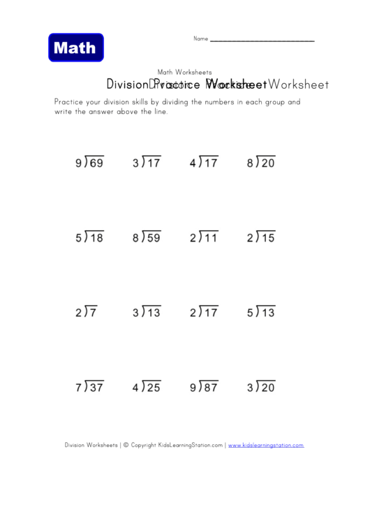 Division Practice Worksheet Printable pdf