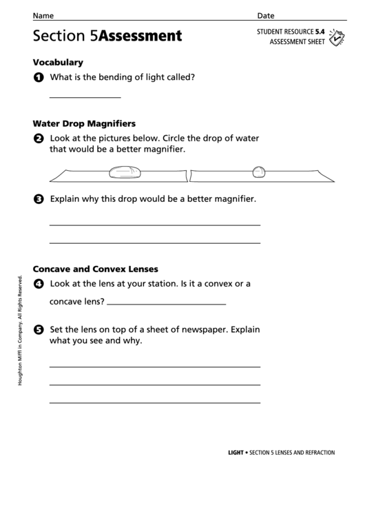 Section 5 Assessment Lenses And Refraction Physics Worksheet Printable pdf