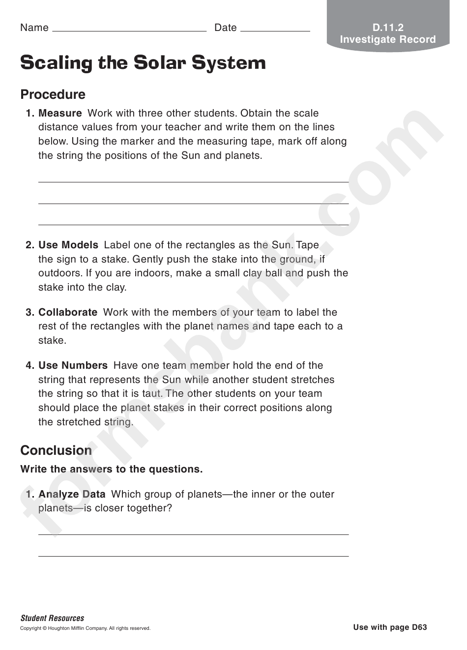 Scaling The Solar System Astronomy Worksheet