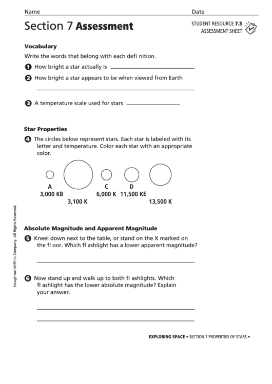 Assessment Sheet - Properties Of Stars Printable pdf