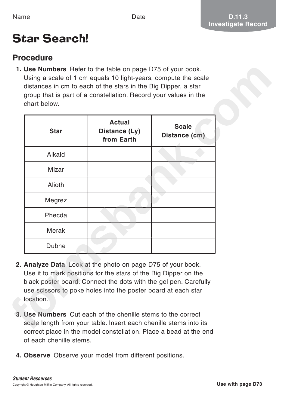 Star Search Astronomy Worksheet