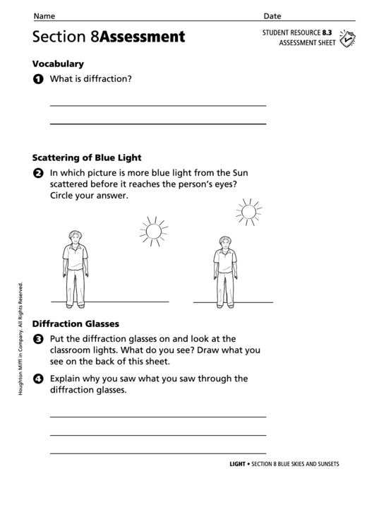 Section 8 Assessment Blue Skies And Sunsets Physics Worksheet Printable pdf