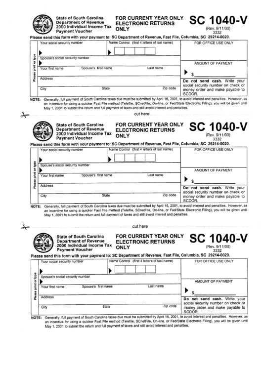 Form Sc 1040-V - Individual Income Tax Payment Voucher - 2000 printable ...