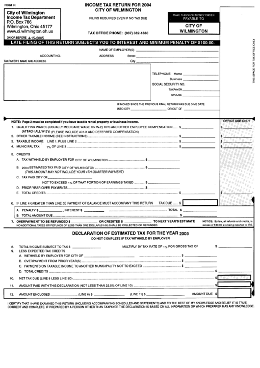 Form Ir - Income Tax Return - 2004 Printable pdf
