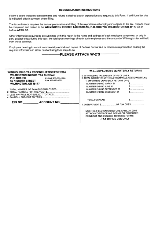 Form W-3 - Withholding Tax Reconciliation - 2004 Printable pdf