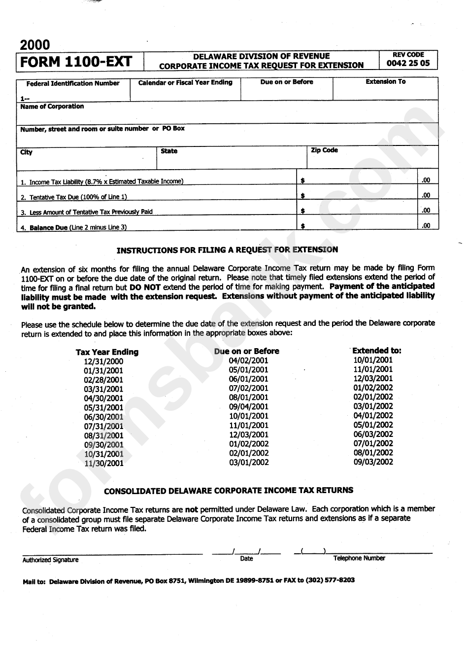Form 1100-Ext - Corporate Income Tax Request For Extension - 2000