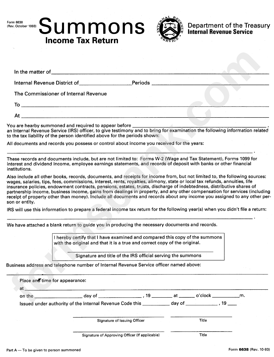 Form 6638 - Summons Income Tax Return